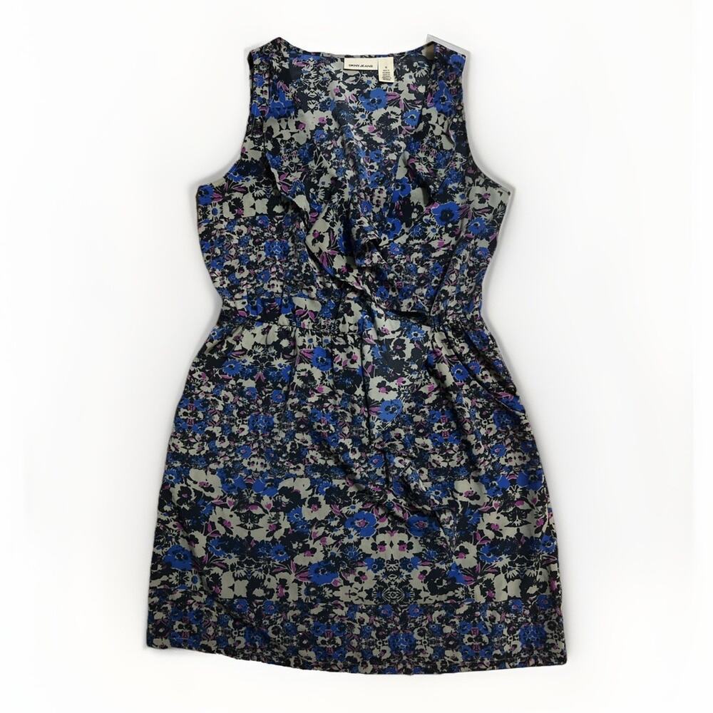 DKNY Jeans Floral Fit & Flare Mini Dress Size M Blue Ruffle Pockets Cottage Work